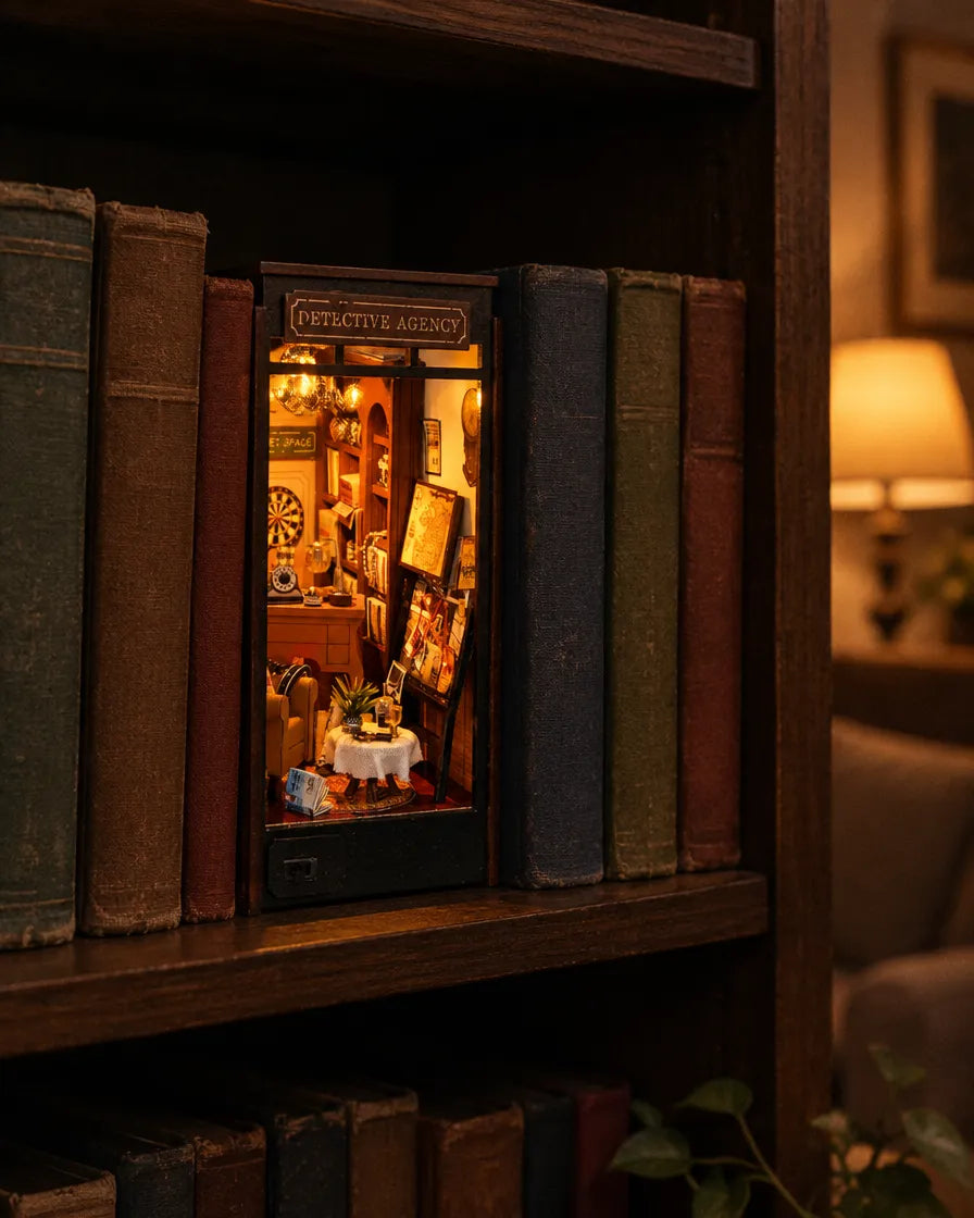 The Night Detective book nook, lit up between books on a shelf