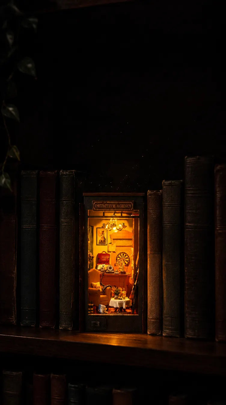 A dark bookshelf at night with one tiny lit room glowing between the books